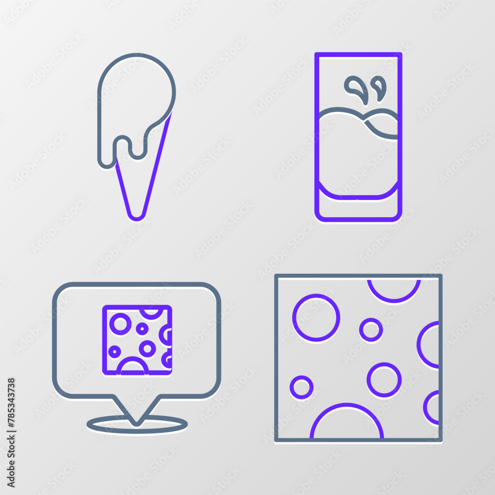 Set line Cheese, Glass with milk and Ice cream in waffle cone icon. Vector Set line Cheese, Glass with milk and Ice cream in waffle cone icon. Vector