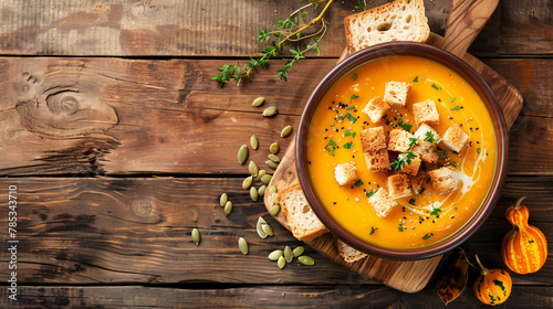 Fall warming pumpkin cream soup with croutons and seed