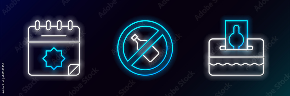 Set line Donate or pay your zakat, Ramadan calendar and No alcohol icon. Glowing neon. Vector Set line Donate or pay your zakat, Ramadan calendar and No alcohol icon. Glowing neon. Vector