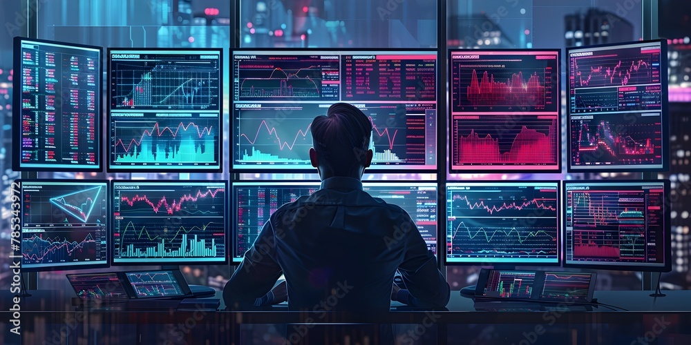 Executive Analyzing Financial Data and Market Trends on Multiple Screens in a High Tech Trading Environment