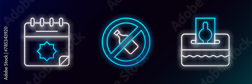 Set line Donate or pay your zakat, Ramadan calendar and No alcohol icon. Glowing neon. Vector