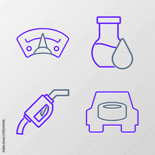 Set line Spare wheel in the car, Gasoline pump nozzle, Oil petrol test tube and Motor gas gauge icon. Vector