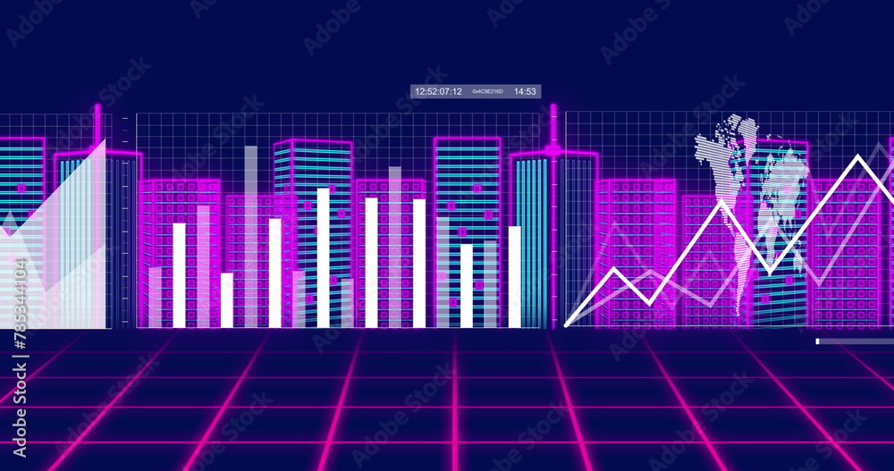 Naklejka premium Image of financial data processing over digital city on black background