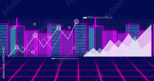 Image of financial data processing over digital city on black background