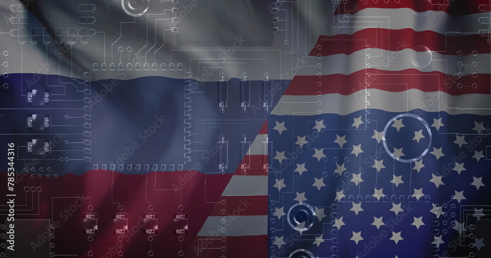 Fototapeta premium Image of circuit board and data processing over flag of russia and united states of america