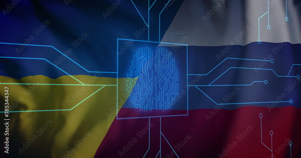 Fototapeta premium Image of biometric fingerprint computer circuit board over flag of russia and ukraine