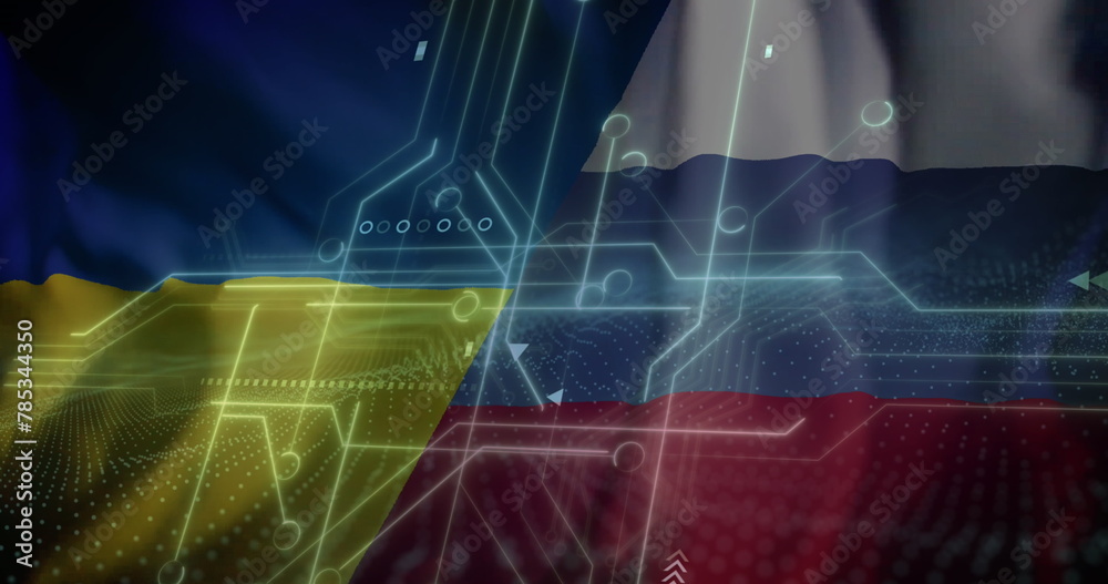 Fototapeta premium Image of circuit board and data processing over flag of russia and ukraine