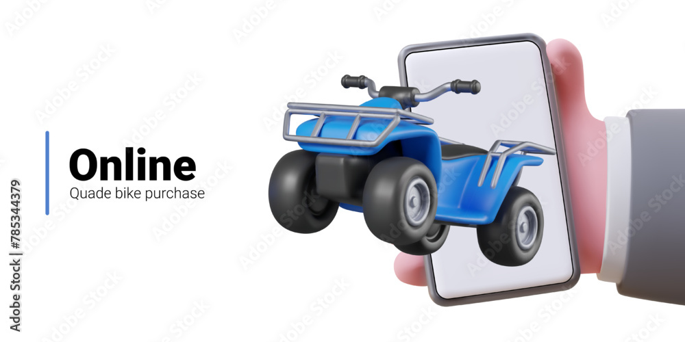 Realistic hand holding smartphone with quad bike on screen