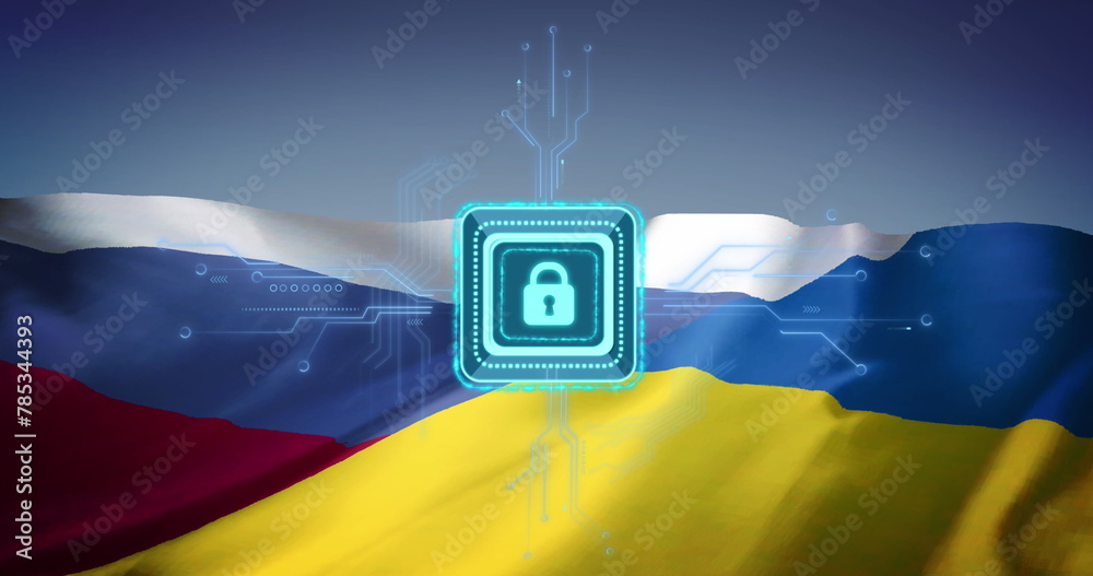Fototapeta premium Image of padlock and data processing over flag of russia and ukraine