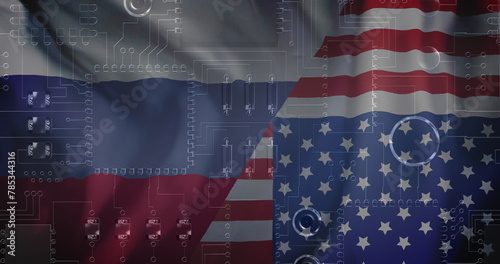 Image of circuit board and data processing over flag of russia and united states of america