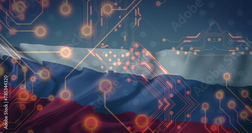 Image of circuit board over flag of russia