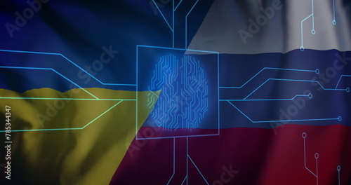 Image of biometric fingerprint computer circuit board over flag of russia and ukraine