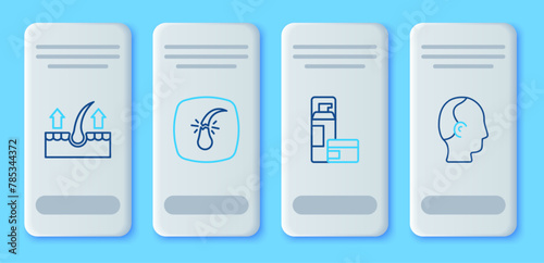 Set line Broken hair follicle, Shaving gel foam, Human and Baldness icon. Vector