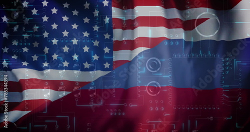 Image of data processing over flag of russia and united states of america