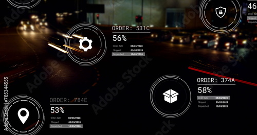 Image of icons with data processing over street with cars