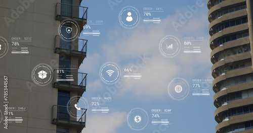 Image of icons with data processing over office buildings