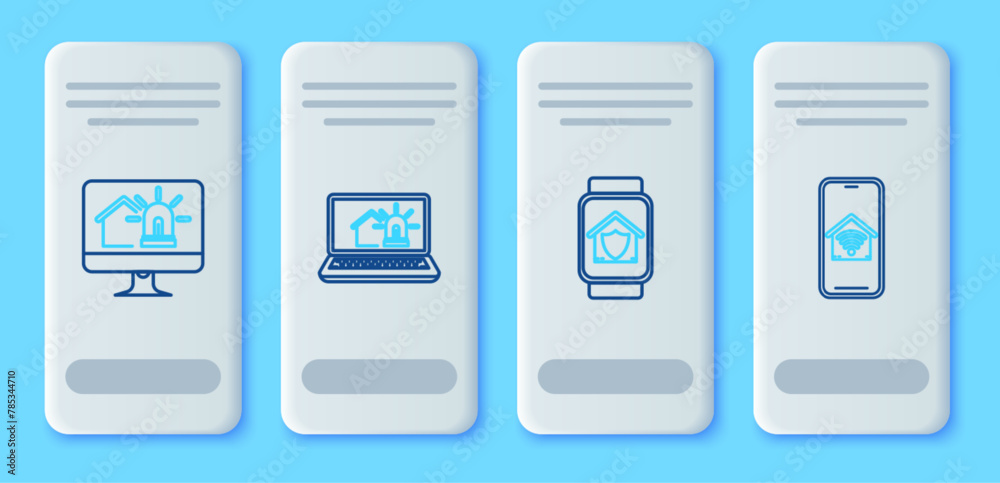 Set line Laptop with smart house and alarm, Smart watch under protection, Computer monitor and Mobile phone home wi-fi icon. Vector