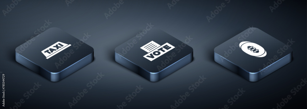 Set Isometric Taxi car roof, American Football ball and Vote box icon. Vector Set Isometric Taxi car roof, American Football ball and Vote box icon. Vector
