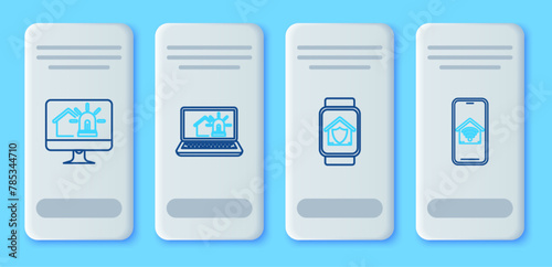 Set line Laptop with smart house and alarm, Smart watch under protection, Computer monitor and Mobile phone home wi-fi icon. Vector