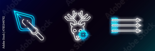 Set line Hipster arrows, tip and Hunt on deer with crosshairs icon. Glowing neon. Vector