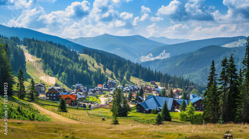 Famous Bukovel ski resort in summer Carpathian mountai photo