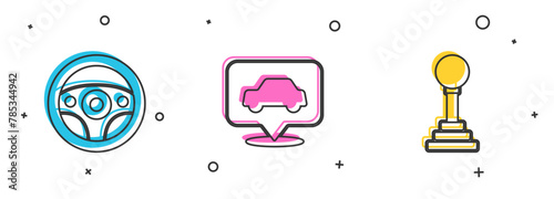 Set Steering wheel, Car service and Gear shifter icon. Vector