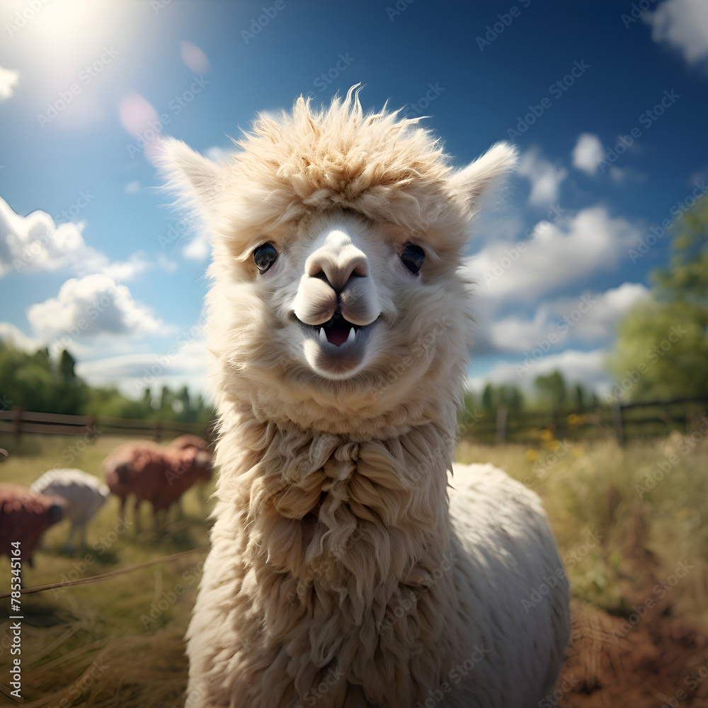 Obraz premium Portrait of a cute alpaca in a farm on a sunny day