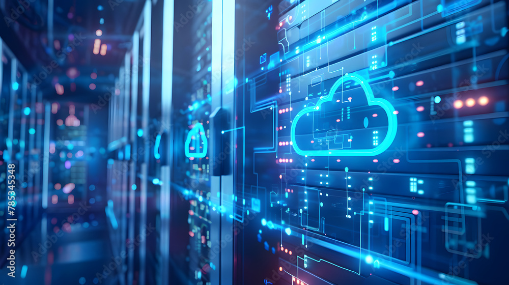 A server rack with a cloud icon on a cabinet door in a data center. A server rack with a cloud icon on a cabinet door in a data center.
