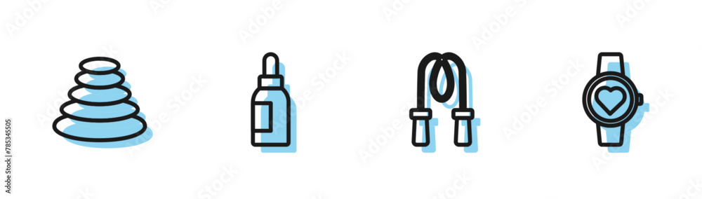 Set line Jump rope, Stack hot stones, Essential oil bottle and Smart watch icon. Vector