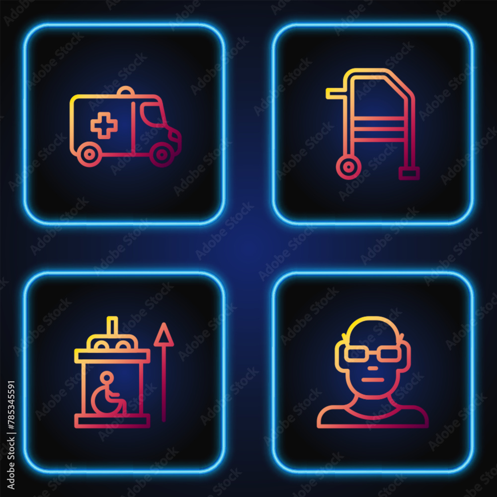 Set line Poor eyesight, Elevator for disabled, Emergency car and Walker. Gradient color icons. Vector
