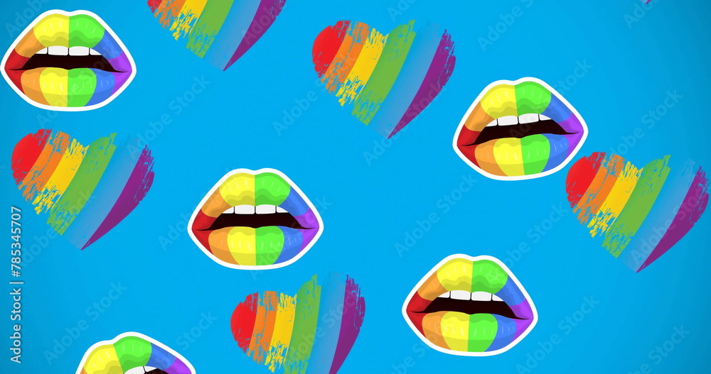 Image of rainbow lips and hearts over blue background Image of rainbow lips and hearts over blue background