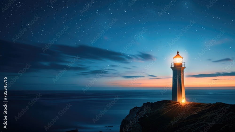 Starry sky above a lighthouse at sunset - The beautiful sight of a lighthouse under a starry sky as the sun sets conveys a sense of guidance, wonder, and the infinite possibilities of the universe Starry sky above a lighthouse at sunset - The beautiful sight of a lighthouse under a starry sky as the sun sets conveys a sense of guidance, wonder, and the infinite possibilities of the universe