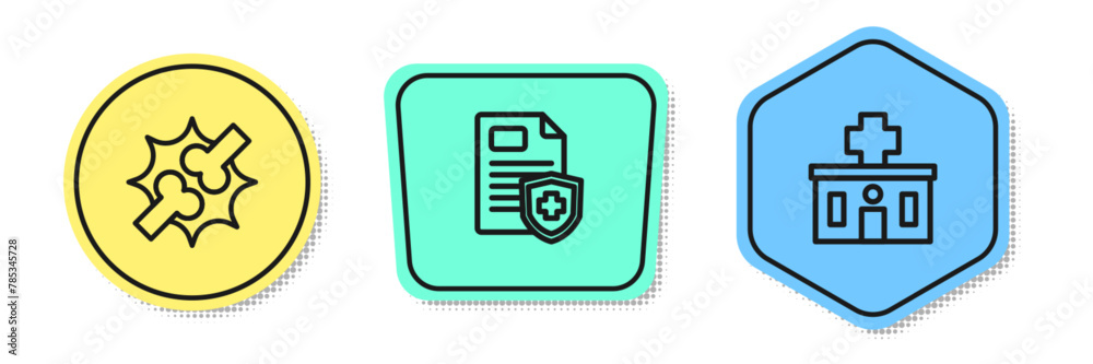 Set line Joint pain, knee pain, Patient record and Hospital building. Colored shapes. Vector Set line Joint pain, knee pain, Patient record and Hospital building. Colored shapes. Vector