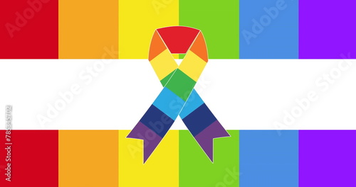 Image of rainbow ribbon over rainbow flag on white background