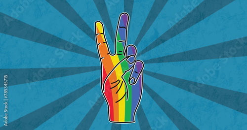 Image of rainbow peace gesture over blue background
