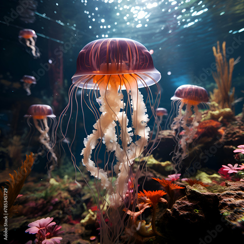 Jellyfish in the aquarium. Underwater world. 3d rendering