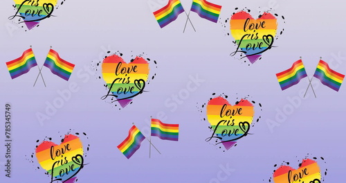 Image of rainbow flags and hearts with love is love texts over blue background