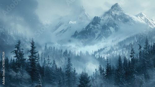 Enchanting winter forest and mountainous backdrop - The enchanting scene captures snow-dusted peaks behind a lush snowy forest under a magical snowfall