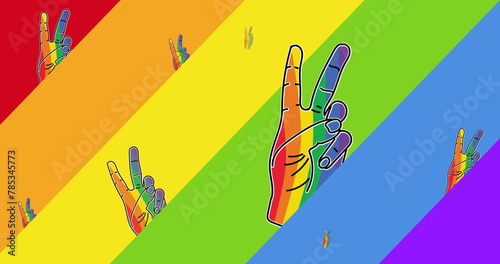 Image of rainbow peace gestures over rainbow background