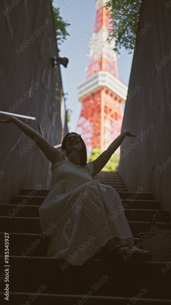 Fototapeta premium Beautiful hispanic woman in glasses perched on stairs, a portrait of urban modernity at tokyo's famous tower spot