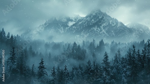 Misty snow-covered mountain forest landscape - The tranquil scene presents snowflakes gently falling over a serene, misty forest with towering snow-capped mountains in the backdrop