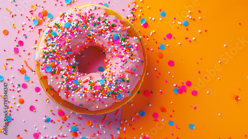 Pink frosted donut with colorful sprinkles on orange backdrop.