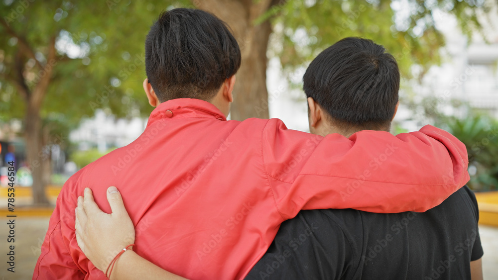Two asian men in friendship embrace outdoors, with greenery in a tranquil urban park setting Two asian men in friendship embrace outdoors, with greenery in a tranquil urban park setting