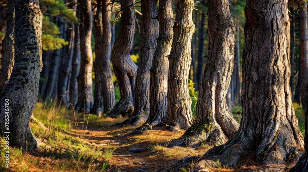 Scots pine tree trunks in the forest.