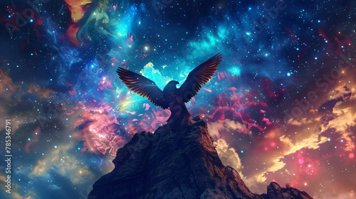 Fantastic creature with angel wings on the top of a mountain photo