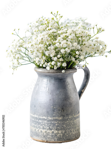 Wallpaper Mural Buquets of gypsophila flowers in grey rustic vase on white or transparent  background. Front view. Place for text, copy space.Generated by AI Torontodigital.ca