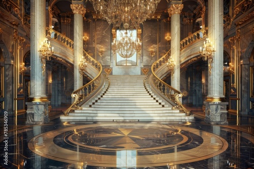 A royal palace ballroom podium with grand staircases and opulent decor, for luxury and royalthemed items © kitinut