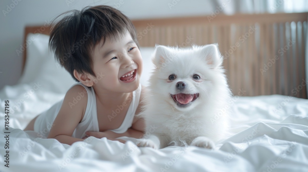 A happy Asian child is playing with his pet white Pomeranian puppy on the bed, laughing and having fun in the bedroom.