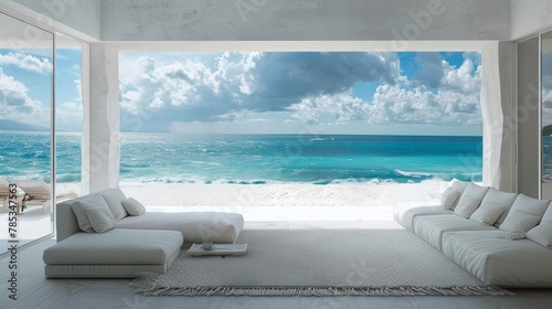 View to blue sea with white sand beach from living room with white rug, sofa. Panoramic window