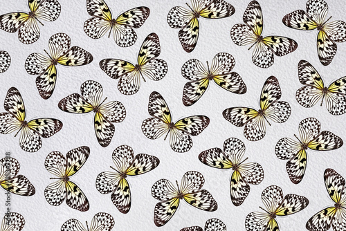 bright tropical rice paper butterflies on white watercolor paper. abstract pa...